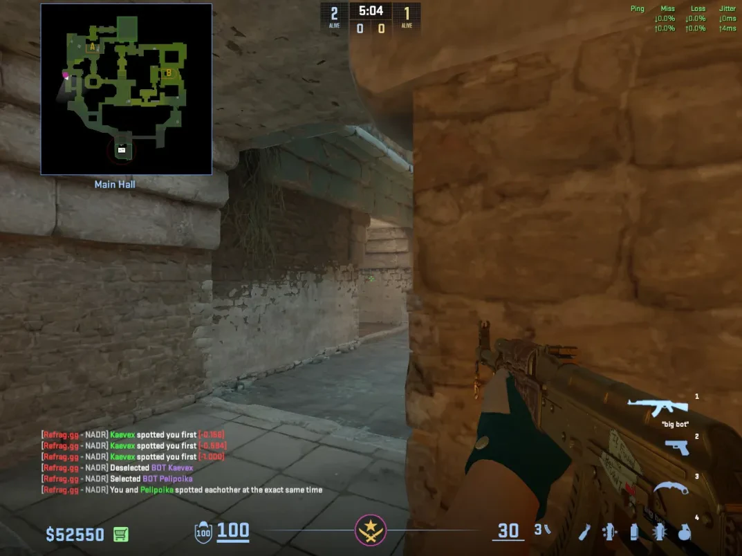 A CT falls back to the Ancient Main Hall corner after the A-site contact.
