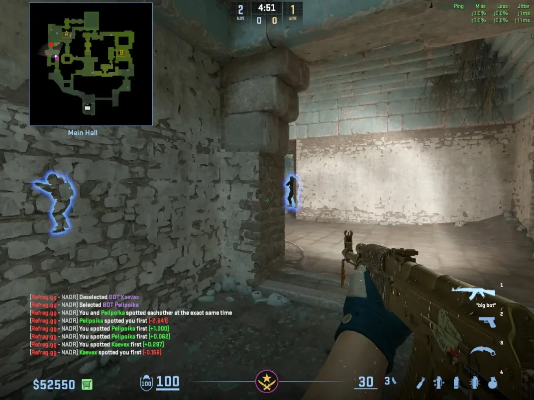 A CT holds a tucked angle in Ancient Main Hall while a second defender watches the opening ahead.