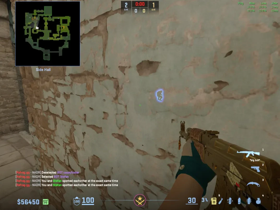 A CT uses the Ancient Side Hall wall as cover while holding the revealed enemy angle through the corner.