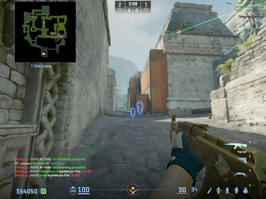 CTs re-engage the Ancient B-side lane as a flash travels over the structure toward the attackers.
