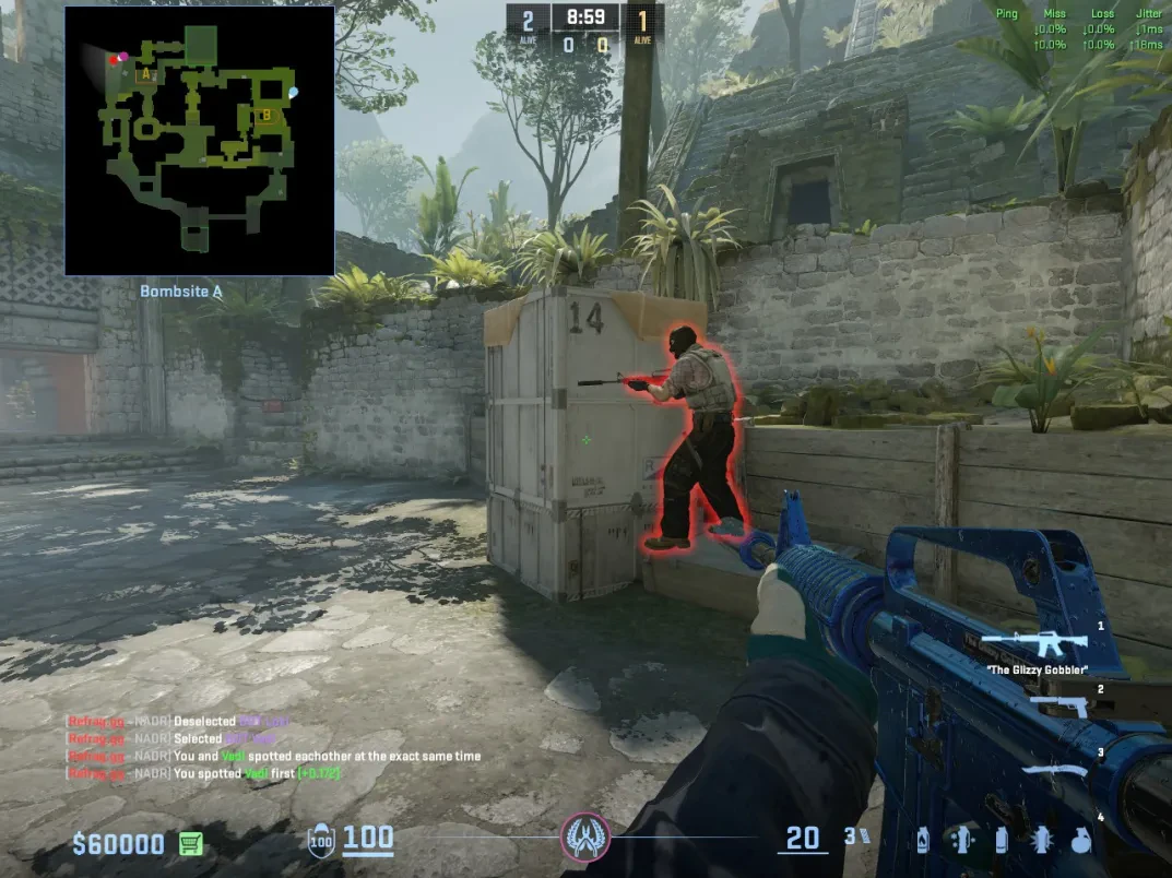 A CT swings from the A-site box to catch a T player at close range.