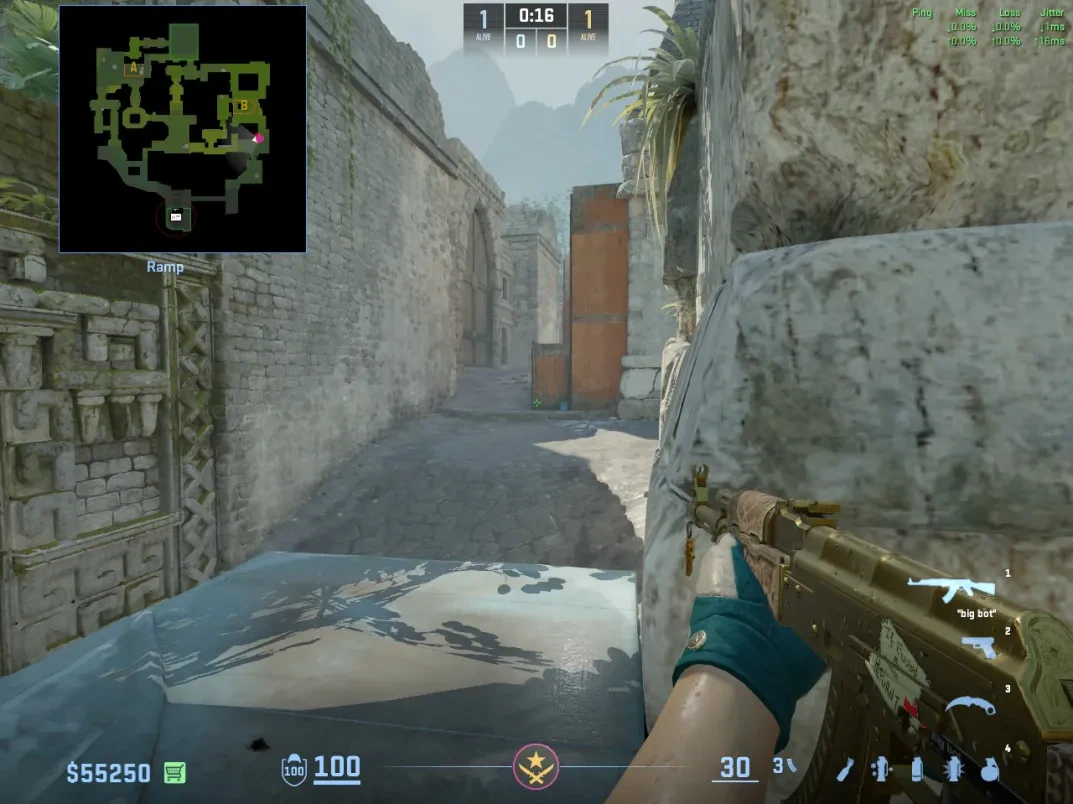 The boosted CT watches the long Ancient Ramp sightline from the top of the box.