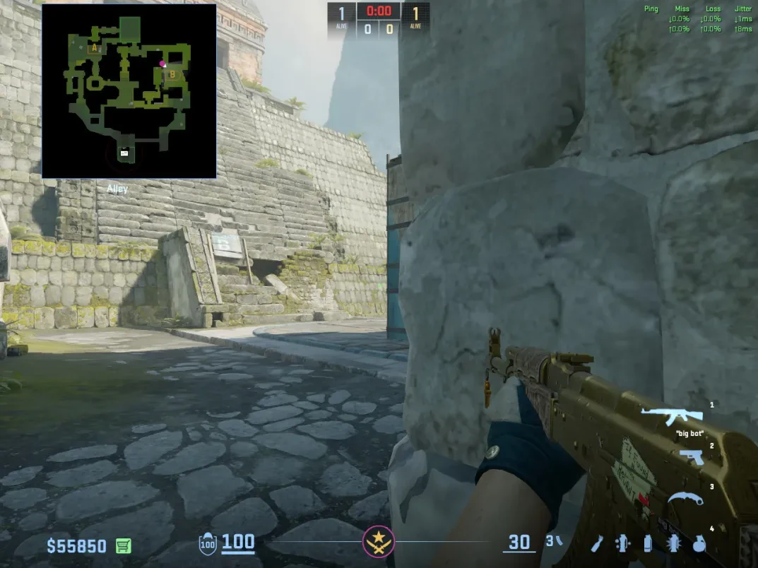 A CT holds the tighter wall-side angle from Ancient Alley toward the B-site approach.