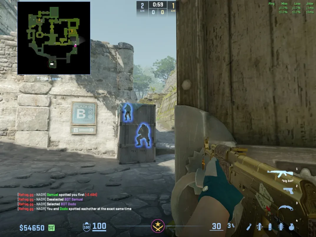 Two CTs set up around the box at Ancient B Ramp, with one defender elevated and one crouched below.