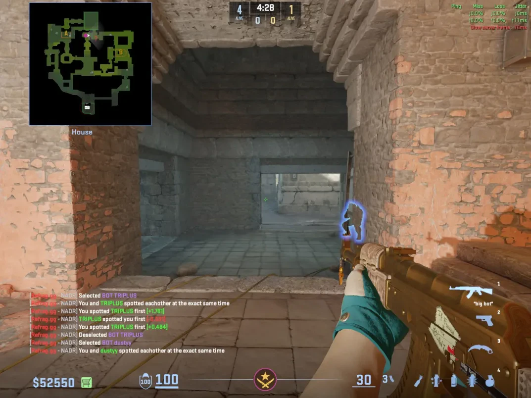 A CT swings from the Ancient Red Room wall toward the House corridor.