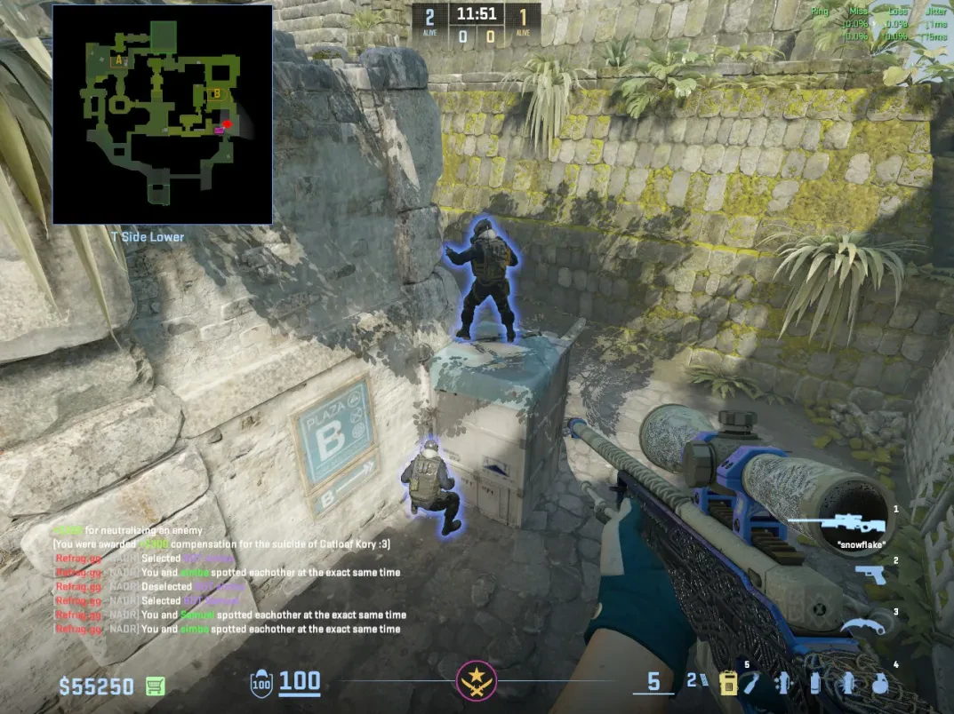 Two T players set up a boost on the box at Ancient B Ramp from T Side Lower.