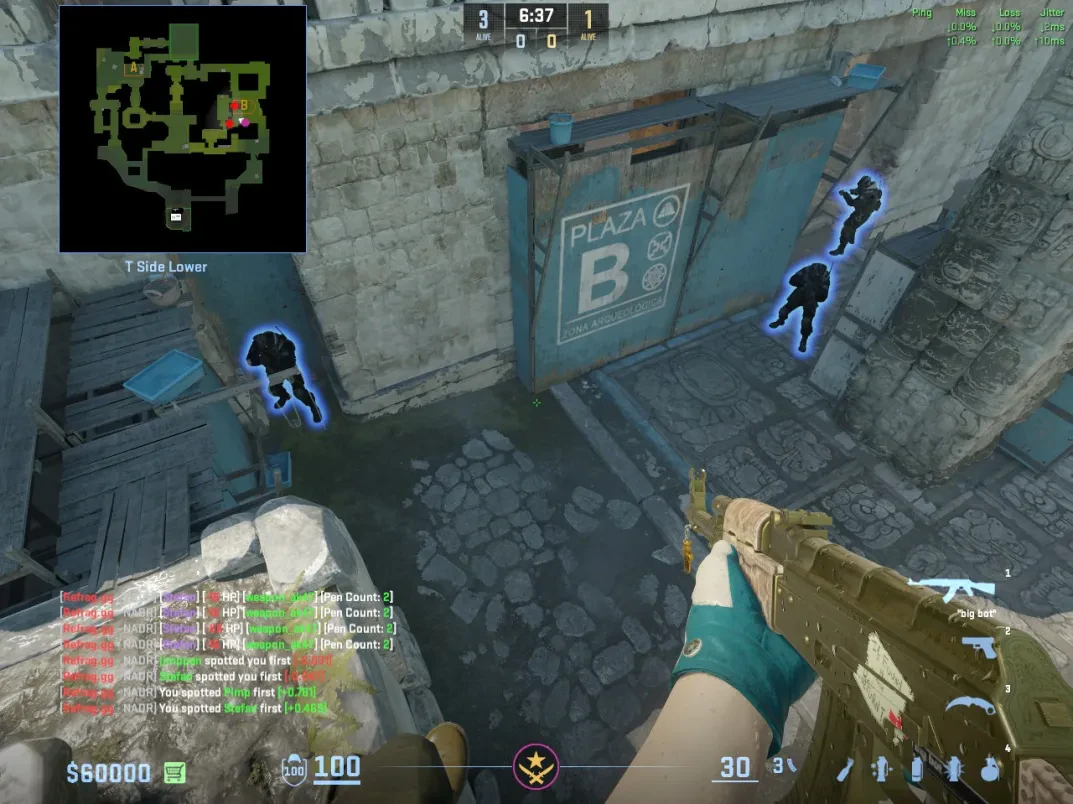 A T player looks down over Ancient B site and spots multiple defenders around the marked cover.