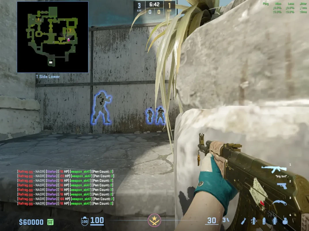 A T player spams through cover from Ancient T Side Lower toward defenders near B site.