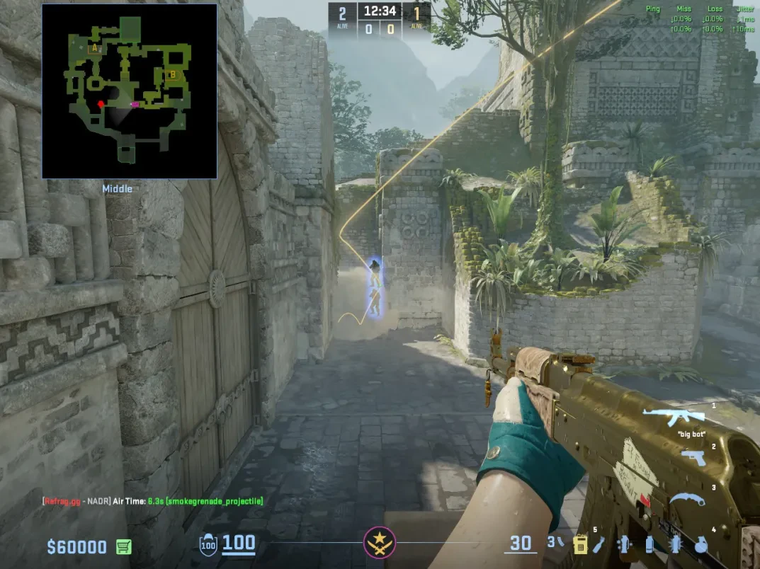 A T player uses the smoked Ancient Elbow approach to take an elevated rifle angle toward Mid.