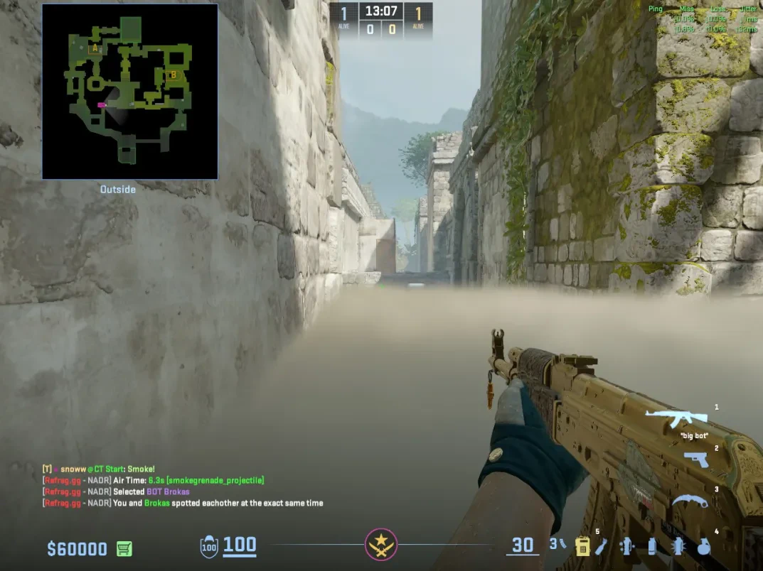 A T player holds the smoke-filled Ancient Elbow lane from the Outside approach.