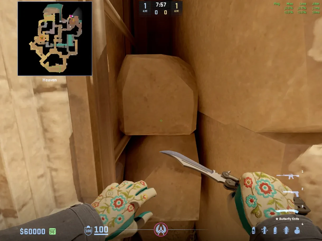 A CT player climbs the stacked stones during the Heaven boost.