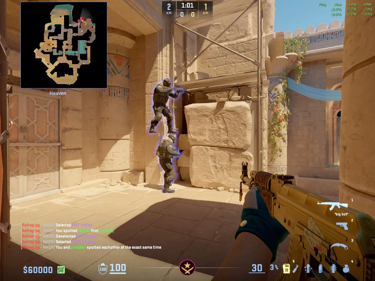 Two CT players prepare a boost beside the Heaven scaffolding.