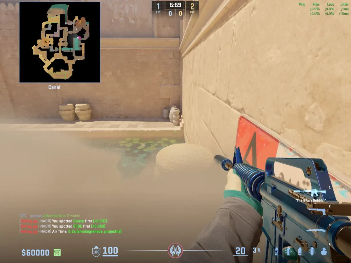 A CT lurks in the Water corner beside the A sign and smoke.