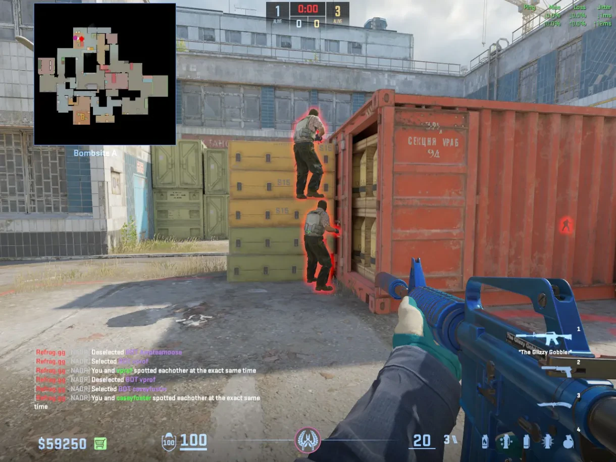Two CT players boost beside the A site container to hold an elevated angle.