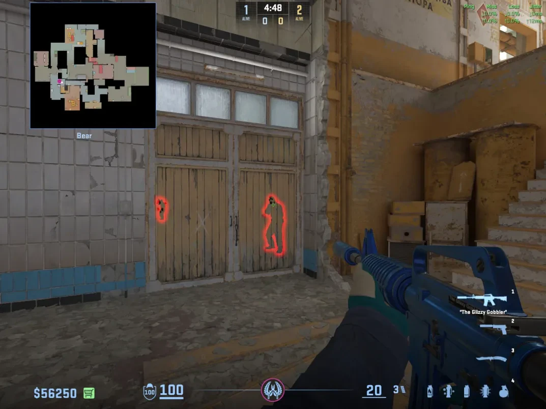 A CT holds the first Checkers door spam angle on an opponent behind the doors.