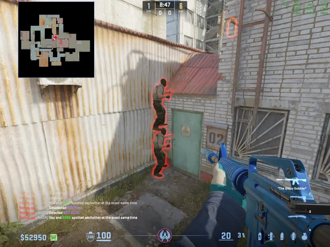 Two opponents stack by the Mid door as the CT watches from the roof.