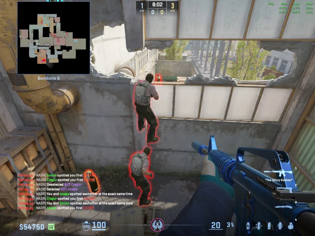Two opponents stack at the B site wall as a CT watches from Sunroom.