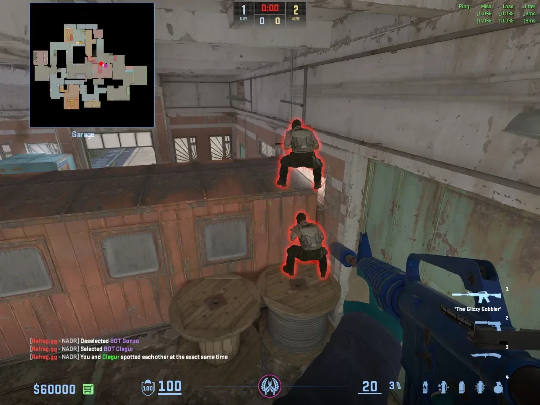 Two T players stack on the Garage barrels to create an elevated angle.