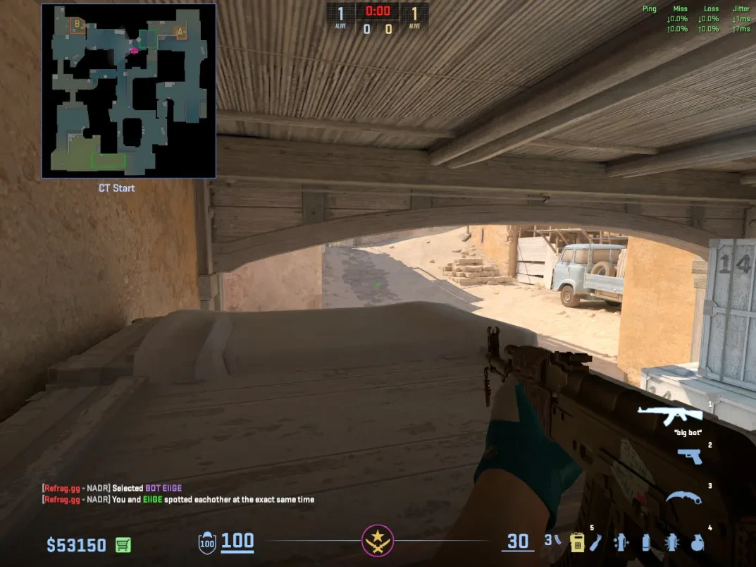 The boosted CT player holds the raised angle from CT Start toward the approach.