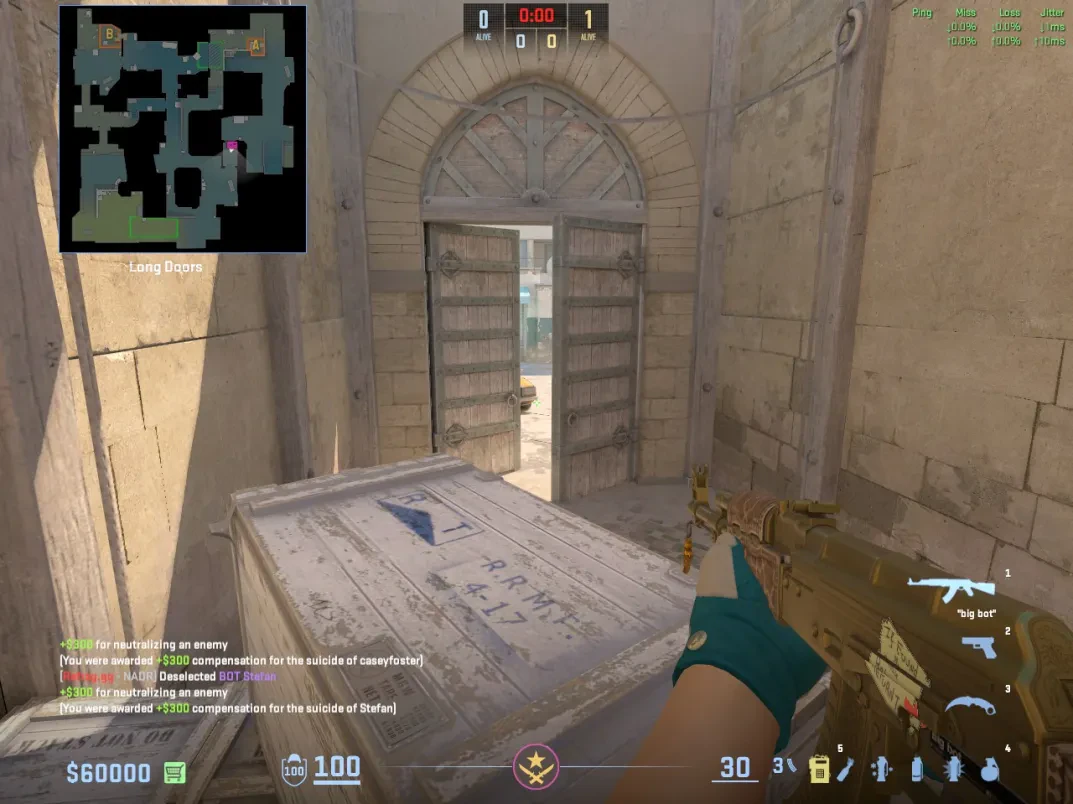 The boosted CT player holds the elevated Long Doors angle from a crate.