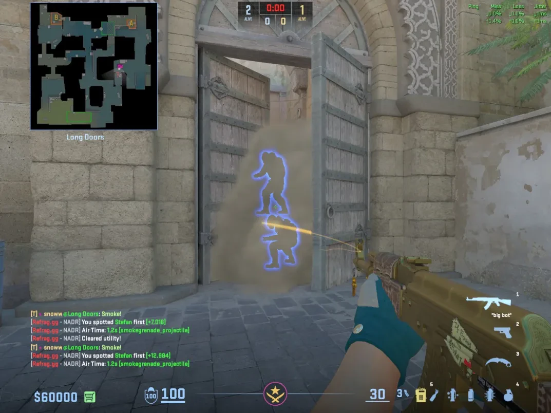 Two CT players stack inside Long Doors behind smoke for a boost.