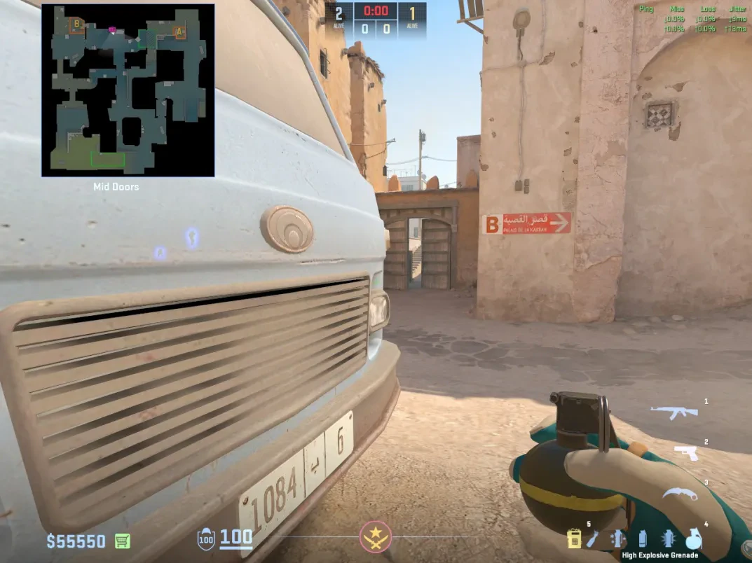 A CT readies an HE behind the B car while the Mid Doors smoke blocks sight.