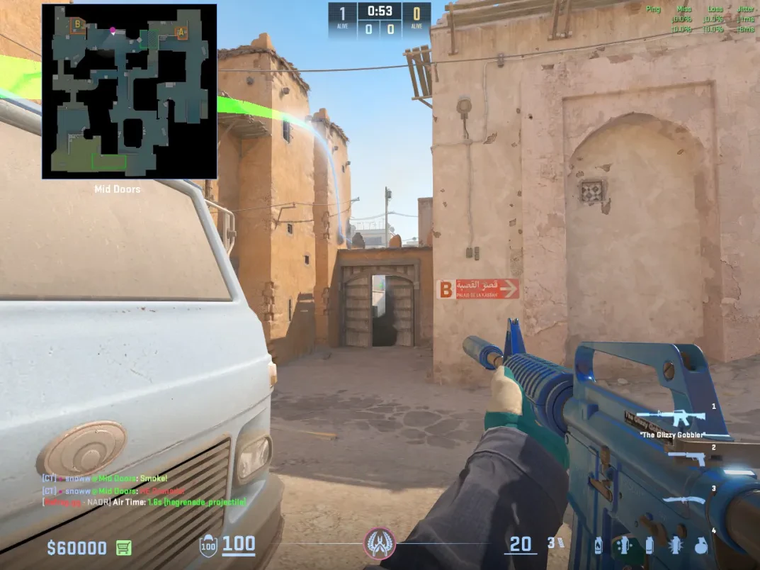 A CT holds behind the B car as a smoke lands at Mid Doors.