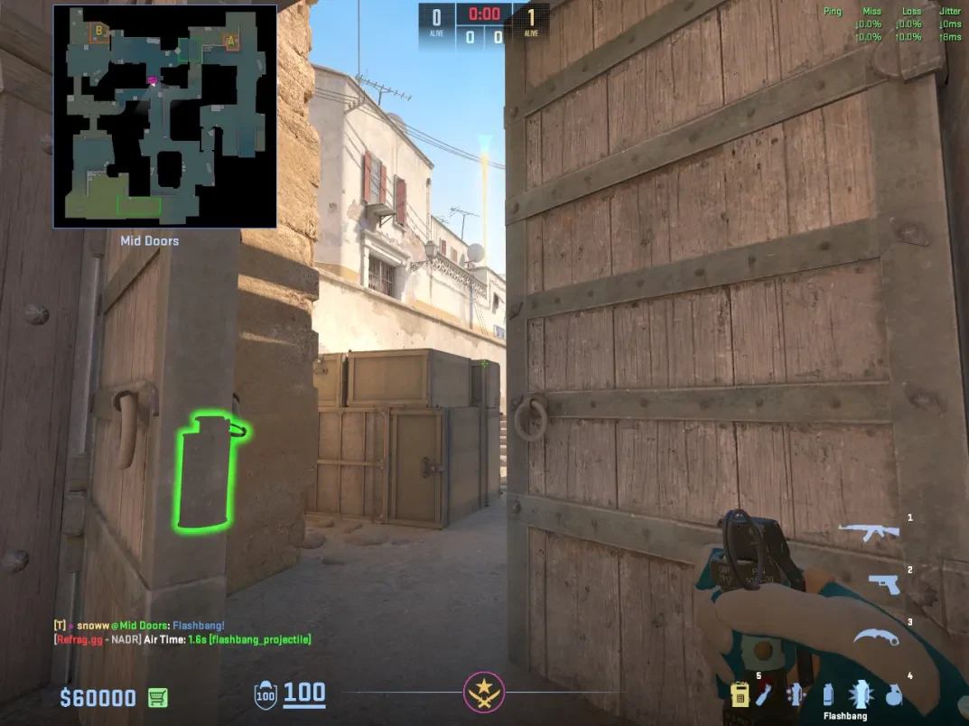 A flashbang travels through Mid Doors to support the CT middle push.