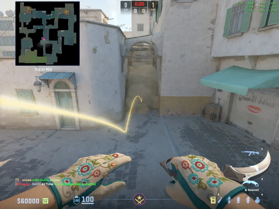 A CT throws a smoke from Top Mid toward Mid Doors before the push.