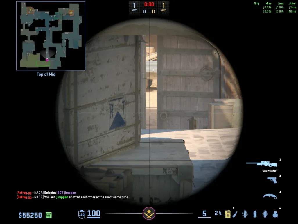 Scoped view from the Suicide Boost holding the narrow Mid Doors gap.