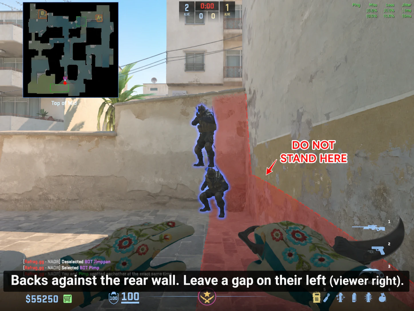 Two players stacked at Top Mid with their backs against the rear wall; a red highlighted area marks where they must leave a gap on their left, viewer right.